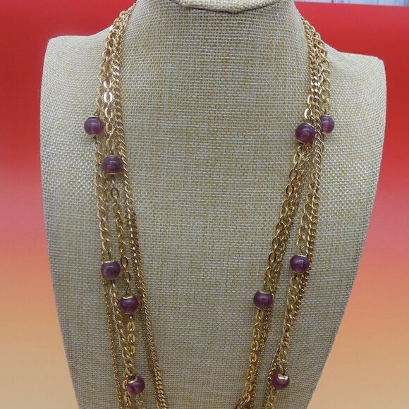 Vintage Multi-Strand Necklace Layered Etruscan Revival Gold-tone Purple Beads - Picture 5 of 7